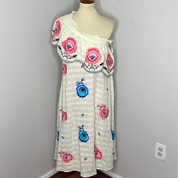 ANTHROPOLOGIE White Floral Embroidered Pullover One Shoulder Maxi Dress M - Picture 4 of 12